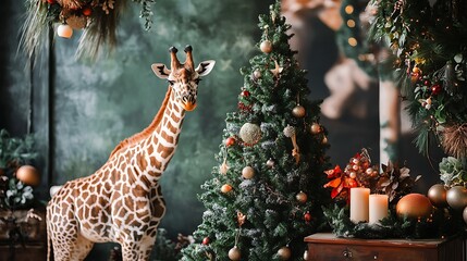 Tall giraffe evergreen tree with candle warmth and festive items in home