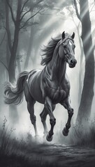 Powerful pencil sketch of a galloping horse through misty woods