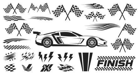 Dynamic racing car and checkered flags set ready for speed, success, and victory