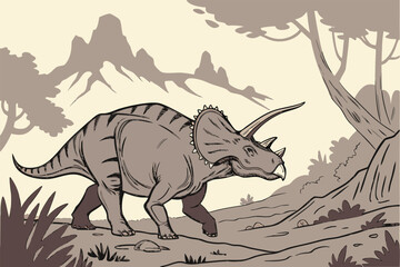 Realistic Triceratops Dinosaur Illustration. Lifelike Triceratops Prehistoric Artwork. Detailed Triceratops Dinosaur Design for Education. Realistic Triceratops Jurassic Illustration Prehistoric