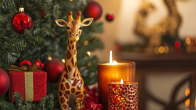Holiday setting with giraffe themed tree beside candle and decorative gifts