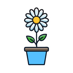 Illustration of a daisy in a pot with stem and leaves on black