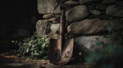 Rusty garden shovel resting against an old stone wall in a shaded area