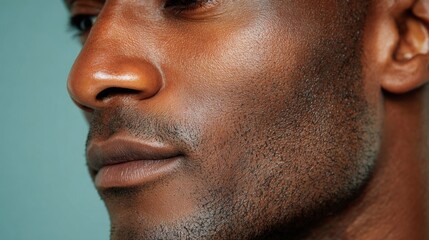 Fototapeta premium Detailed Close-Up of a Clean-Shaven Man's Face Highlighting Jawline and Skin Texture Against a Soft Background