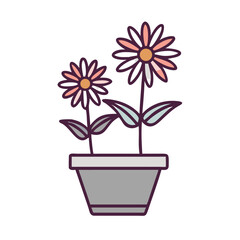 Two stylized flowers in a pot on a black background, flat design