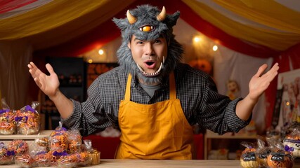 Cheerful vendor in monster costume showcasing colorful Halloween treats at a festive market booth - Powered by Adobe