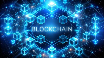 A futuristic blockchain network with glowing cubes and connections, representing digital data security and innovation