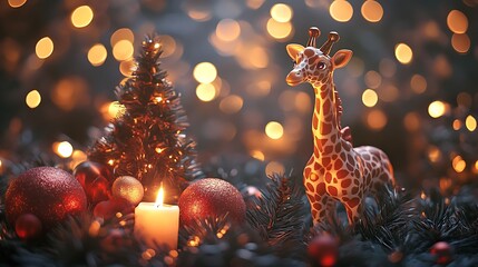 Creative giraffe pine tree beside glowing flame and holiday items