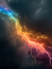 vibrant rainbow lightning streaks across a dark stormy sky a captivating display of color and energy
