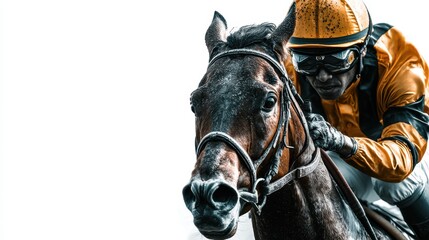 Jockey races on a thoroughbred horse at a competition during the day in an outdoor arena