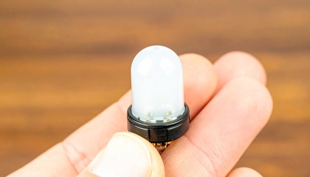 Close-up of a hand holding a small, white, dome-shaped LED indicator light component, glowing softly like a firefly against a wooden surface.