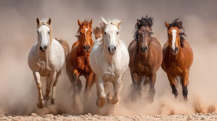 Horses galloping together in a cloud of dust across an open field during the golden hour of the day