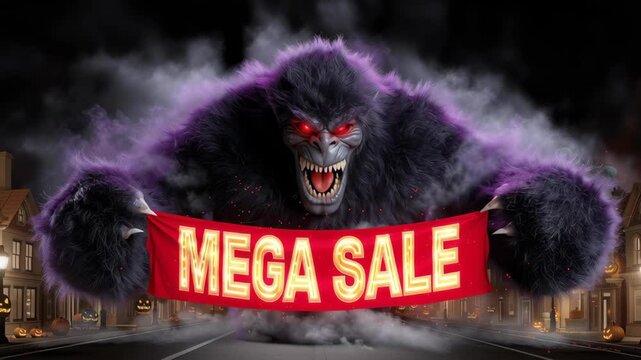 Giant Menacing Creature with Glowing Red Eyes Holding Mega Sale Banner on Foggy Halloween Street