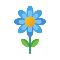 Simple Flat Design Blue Flower with Green Stem and Leaves Illustration