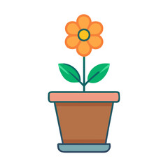 Illustration of potted orange flower with green leaves on black background