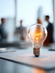 glowing light bulb on a white tabletop symbolizes innovation and bright ideas with blurred business people meeting in the background emphasizing collaboration and creativity