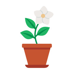 Flat Design Potted White Flower with Green Leaves on Black Background Illustration