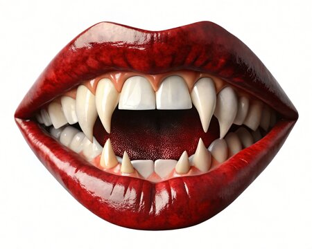 Close up image of a mouth with red lips and prominent fangs The teeth are a mix of sharp fangs and regular teeth