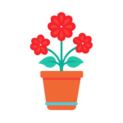 Vibrant flat illustration of red flowers in an orange pot against black background