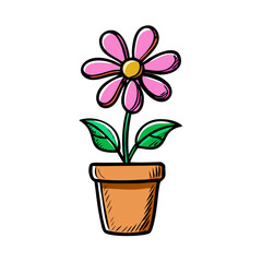 Whimsical pink flower in pot, illustrative vector graphic against a black background
