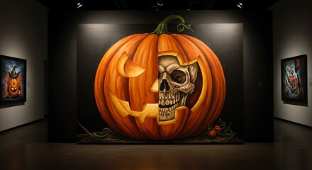 A large Halloween-themed painting of a jack-o’-lantern with realistic carved skull inside