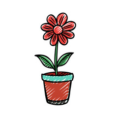 Whimsical Red Flower in Pot on Black Background, Illustration Style