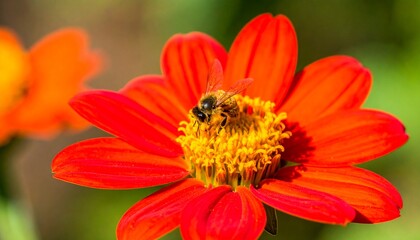 Honeybee Pollinating a Vibrant Red Tithonia Flower in a Summer Garden