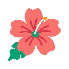 Stylized Hibiscus Flower Illustration with Leaf on Black Background for Tropical Themes