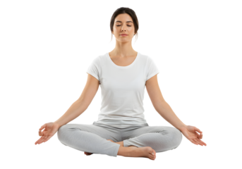 Woman meditating in lotus position, eyes closed, peaceful expression, white background, PNG format
