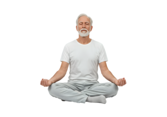 Man meditating in lotus position, eyes closed, peaceful expression, white background, PNG format