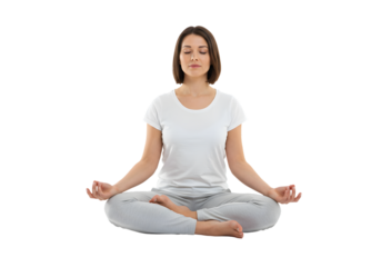 Woman meditating in lotus position, eyes closed, peaceful expression, white background, PNG format