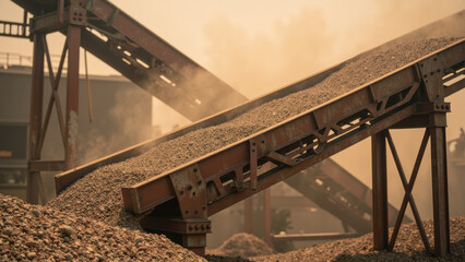 Industrial machinery transports gravel in dusty environment, showcasing process of material handling and construction