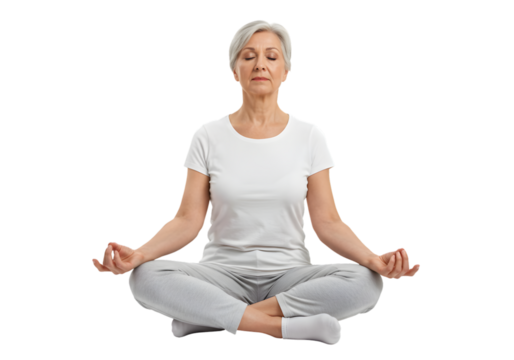 Woman meditating in lotus position, eyes closed, peaceful expression, white background, PNG format - Powered by Adobe
