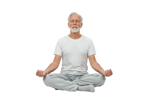 Man meditating in lotus position, eyes closed, peaceful expression, white background, PNG format