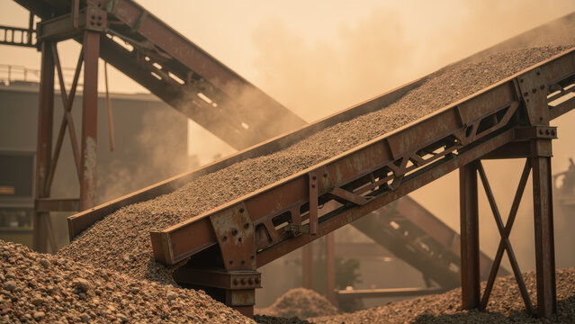 Industrial machinery transports gravel in dusty environment, showcasing process of material handling and construction