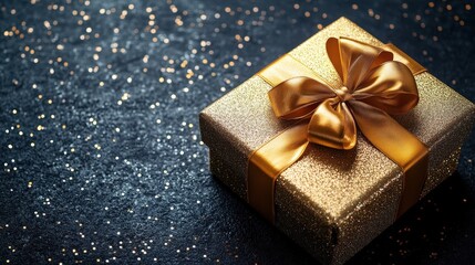 Gold Gift Box with Bow on Dark Glitter Background