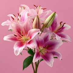Fototapeta premium beautiful lily flowers bouquet on a pink background lillies pink lilies closeup big bunch of fresh fragrant lilies purple background 