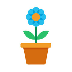 Flat design illustration of blue flower in orange pot against black background
