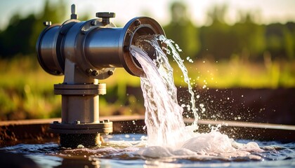 Flowing stream from industrial pipe into a water reservoir on summer day