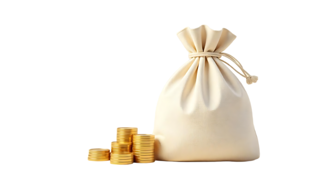A white drawstring money bag with gold coins stacked in ascending order beside it symbolizing wealth accumulation and financial growth, transparent background