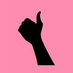 A clean and simple silhouette illustration of a hand giving a thumbs up, isolated against a pink background. Represents approval, agreement, and a positive gesture.