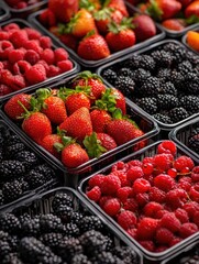 variety of fresh berries in market containers including strawberries blackberries