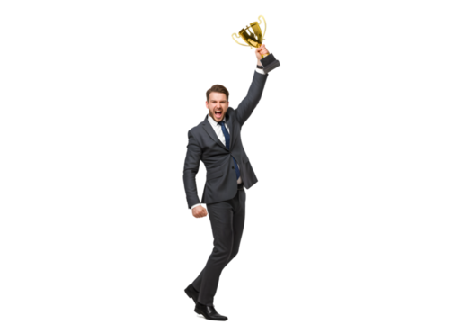 Businessman Holding Trophy in Celebration, Transparent Background. Generated AI