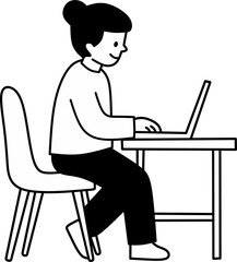 Woman silhouette sitting on an office chair typing on her laptop at a desk, a vector illustration of a person working