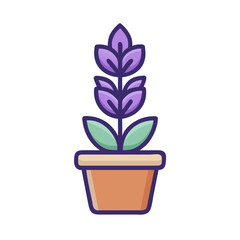 Potted lavender plant with purple flowers and green leaves in simple illustration