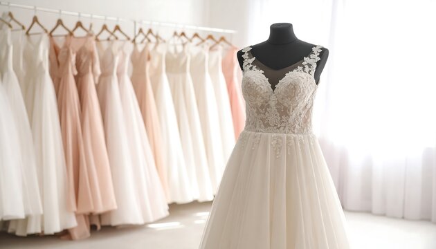 Elegant wedding dress on mannequin with multiple gowns hanging softly in background - Powered by Adobe
