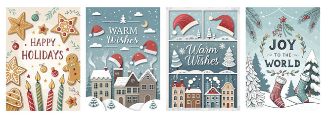 Festive holiday-themed illustrations featuring cheerful messages and seasonal motifs in vibrant colors.