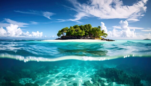 Split-level view of a tropical island paradise with clear turquoise waters.