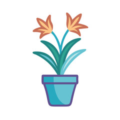 Stylized indoor houseplant with orange flowers in a teal pot on a black background