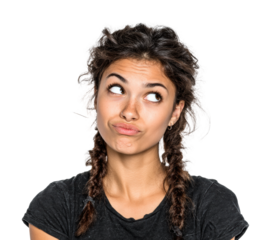 Thoughtful young woman with braids in pondering life choices isolated on transparent background